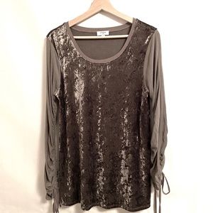 Umgee Top Womens Small Olive Green Velvet Ruched Boho Hippie Lagenlook Tunic